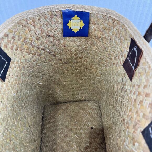 ONIGO Elegant Natural Woven Handmade French Basket Tan Tote Bag Leather Handles - Picture 3 of 7